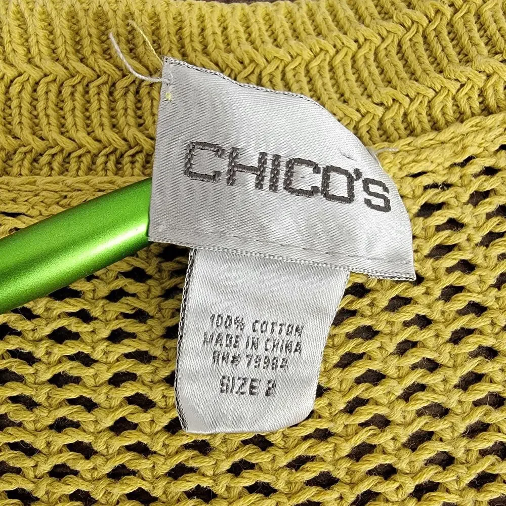 Chicos Green Sweater Open Weave Sz 2 (L 12) 100% Cotton Boho Cottagecore Casual